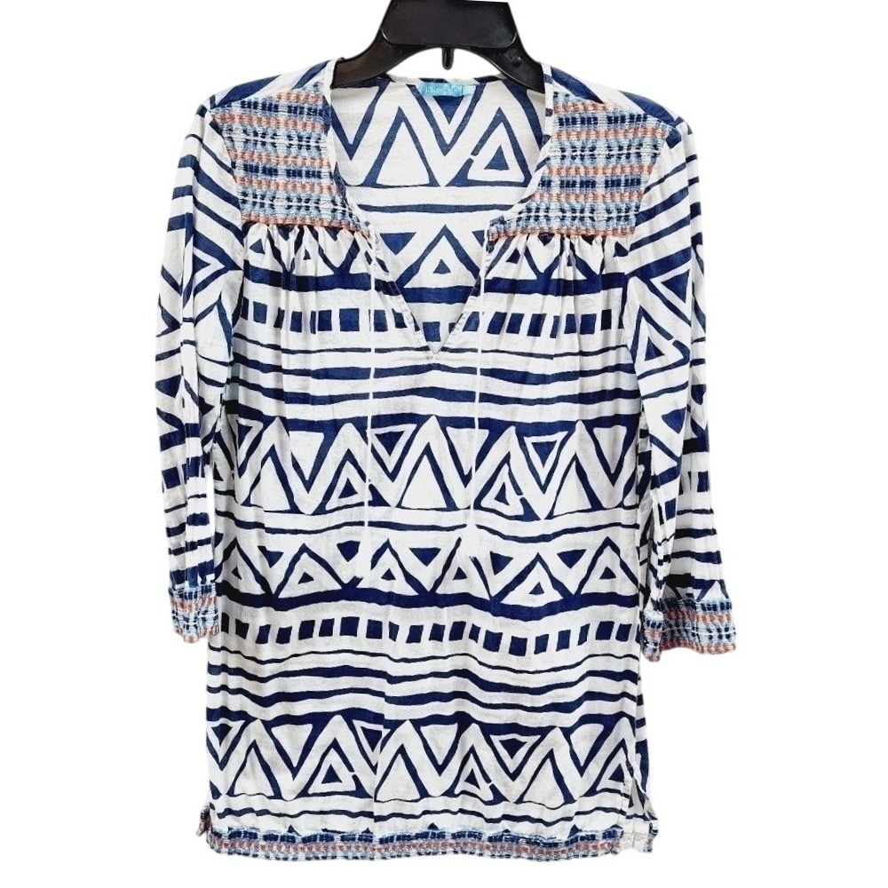 J.McLaughlin Womens‎ Blue White Geometric Cotton Tunic Top Smocked Tassels S